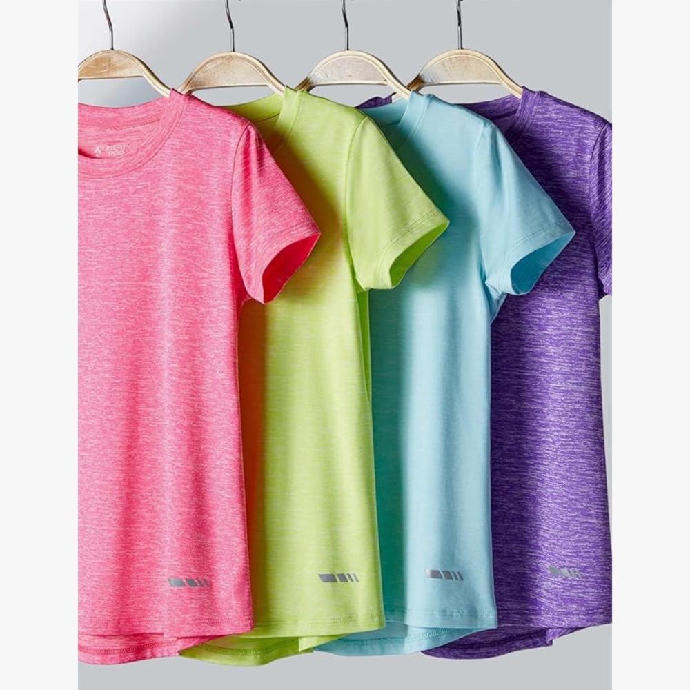 4 Pack: Youth Girls Athletic Shirts, Short Sleeve Dry Fit - YL